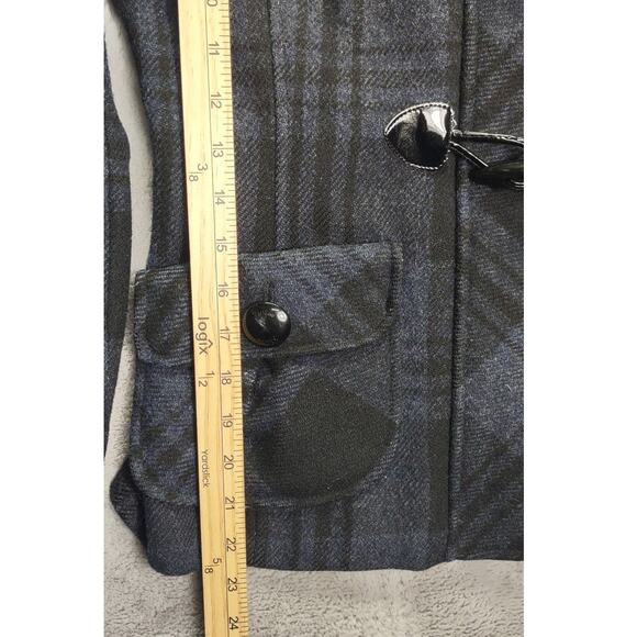GUESS Plaid Wool Blend Navy Blue Hooded Pea Coat Claw Buttons - Picture 7 of 12